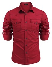 Men's Retro Western Embroidered Long Sleeve Cowboy Shirt  Red, XL 
