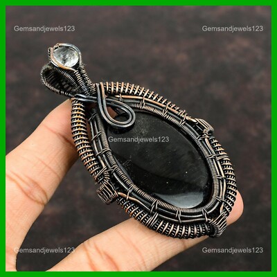 Copper Silver Sheen Obsidian Stone White Topaz Wire Wrapped Anniversary Pendant