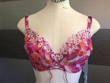 Lejaby Hot Pink + Orange Patchwork + Floral Trim Non-Pad Plunge Bra 30E  RRP £45