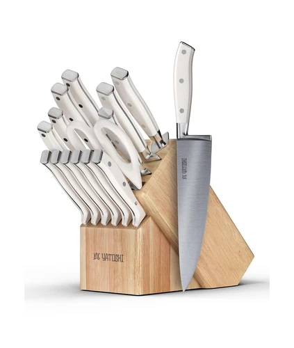 Yatoshi 15 Piece White Knife Block Set - Pro Kitchen Knife Set Ultra Sharp Hi...