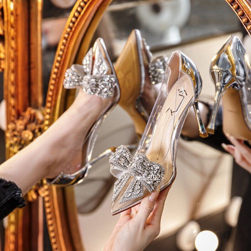 Women's Transparent Rhinestone Bow Pointed Toe Stiletto Heel Wedding Party Shoes - Picture 2 of 15