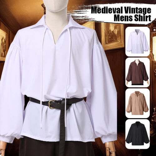 Mens Pirate Shirt Hallween Medieval Oversized Fluffy Sleeve Costume Vintage - Picture 1 of 15