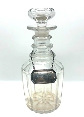 SHERRY Dekanter Glas Karaffe mit Sterling Silber Etikett Vintage - Bild 1 von 4
