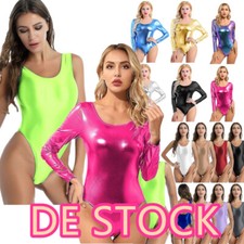 DE Damen Metallic Body Lackleder Bodysuit CatsuitsLangarm/Kurzarm Turnanzug Tanz