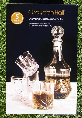 GRAYDON HALL DIAMOND GLASS 5 PIECES DECANTOR SET 35oz & 4 GLASSES 7oz