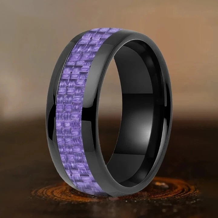 Anillo de carburo de tungsteno pulido cúpula con incrustación de fibra de carbono púrpura 4/6/8 mm para hombres y mujeres Foto 2 de 4