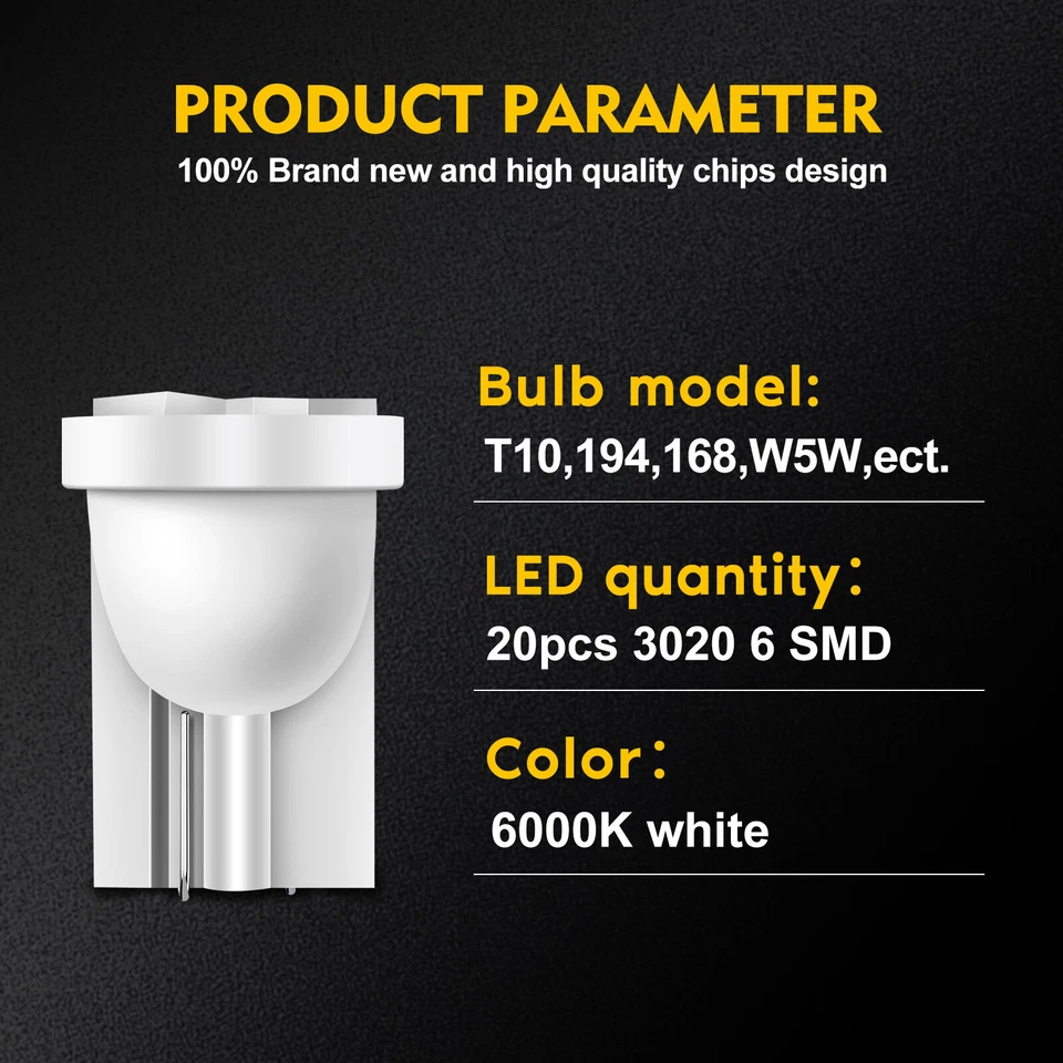 20 peças branco T10 W5W 194 168 6SMD lâmpadas medidor de instrumento painel luz LED para Chevy - Imagem 4 de 4