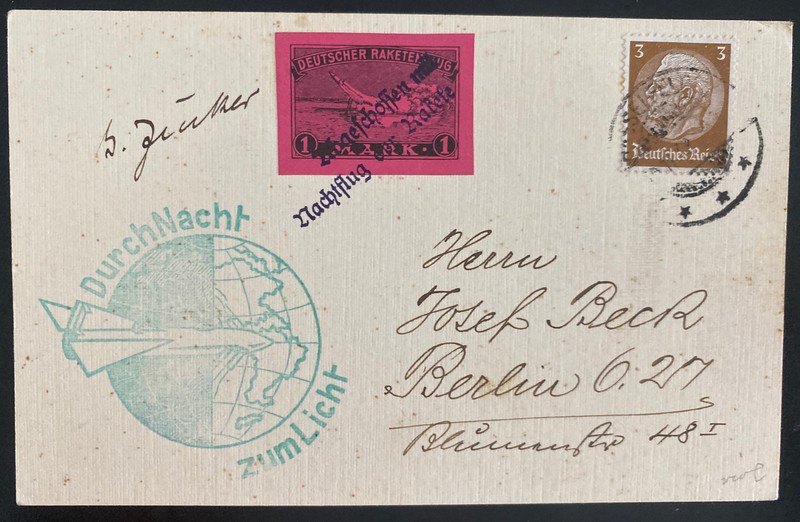 1933 Germany Lufttorpedo rocket Mail Postcard cover Gerhard Zucker Signed