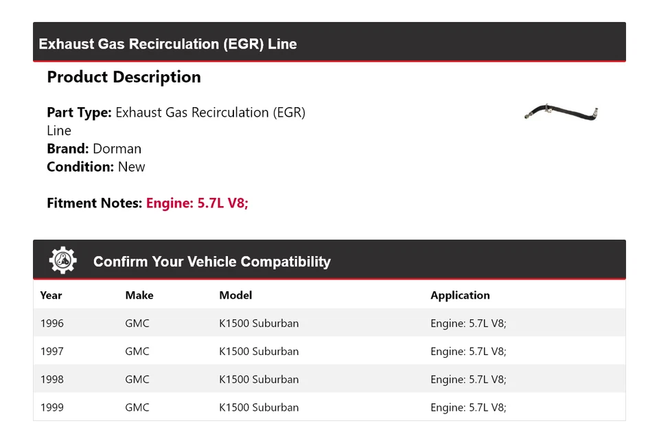 Para 1996-1999 GMC K1500 Suburban 5.7L V8 Dorman EGR Line 1997 1998 - Imagem 2 de 4