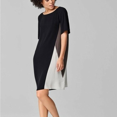 Eileen Fisher Petite 100% Silk Color Block Shift Dress PL