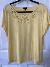 Talbots Top Short Sleeve Cutout Neckline Soft Yellow Cotton Blend size XL