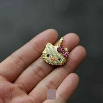 14K Gelbgold FN 1 Kt Laborgefertigter runder Rubin & Diamant Hello Kitty Anhänger