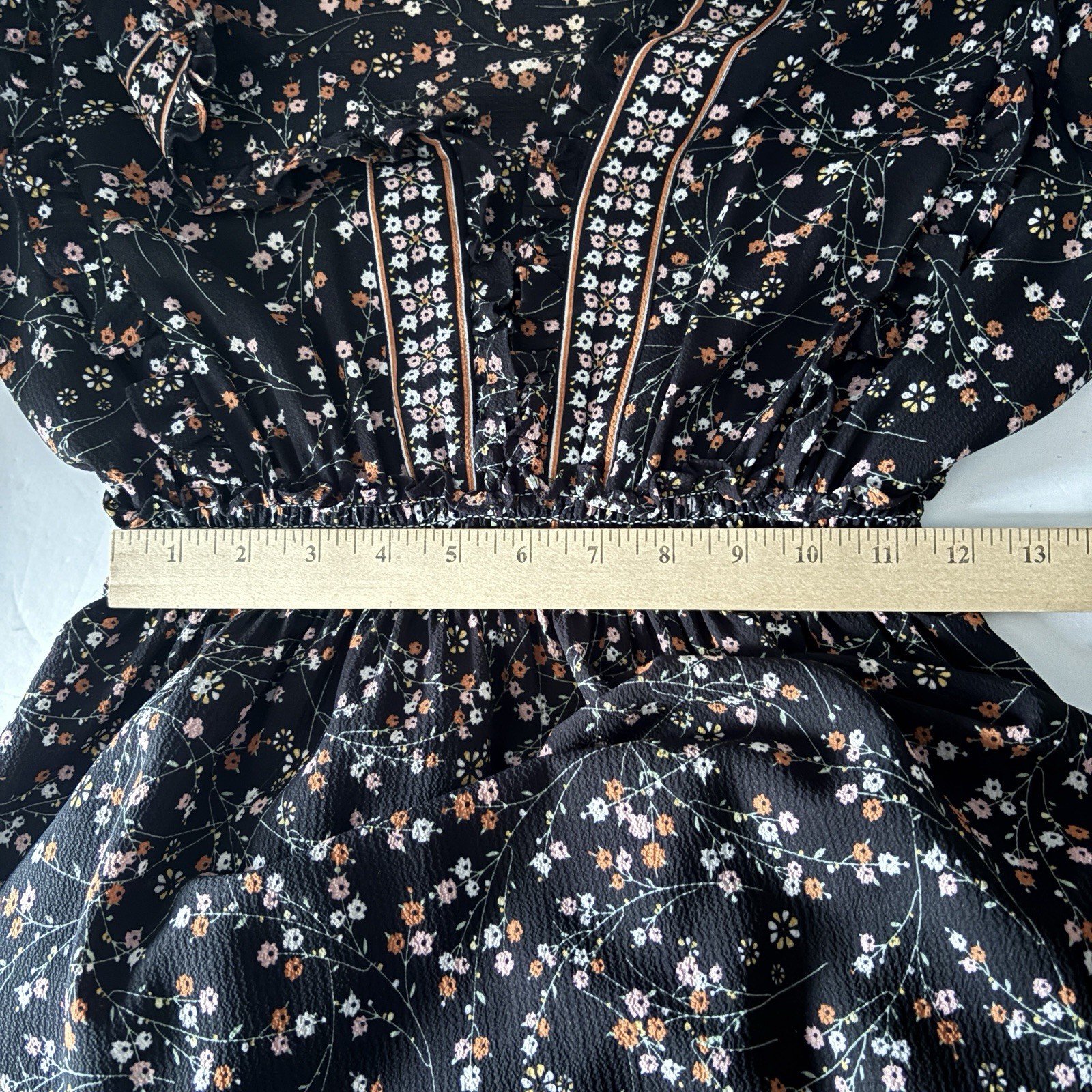 MAX STUDIO Peasant Tiered Long Dress Med Ruffle Neck Black Floral Smocked Waist