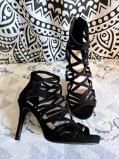 XTI Glamorous New Black Suede Strappy Caged Stiletto Heels, size 3 EU 36