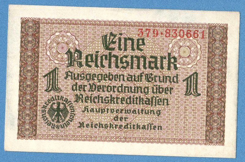 1940-45 GERMANY OCCUPIED TERRITORIES 1 RM EAGLE W/H SWASTIKA UNC 1147
