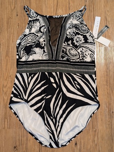 Costume da bagno donna La Blanca pezzo unico taglia 22W nero bianco tropicale - Foto 1 di 5