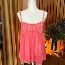 VTG 00s Victoria's Secret Pink Sheer Mesh Lace Trim Babydoll Chemise Lingerie M