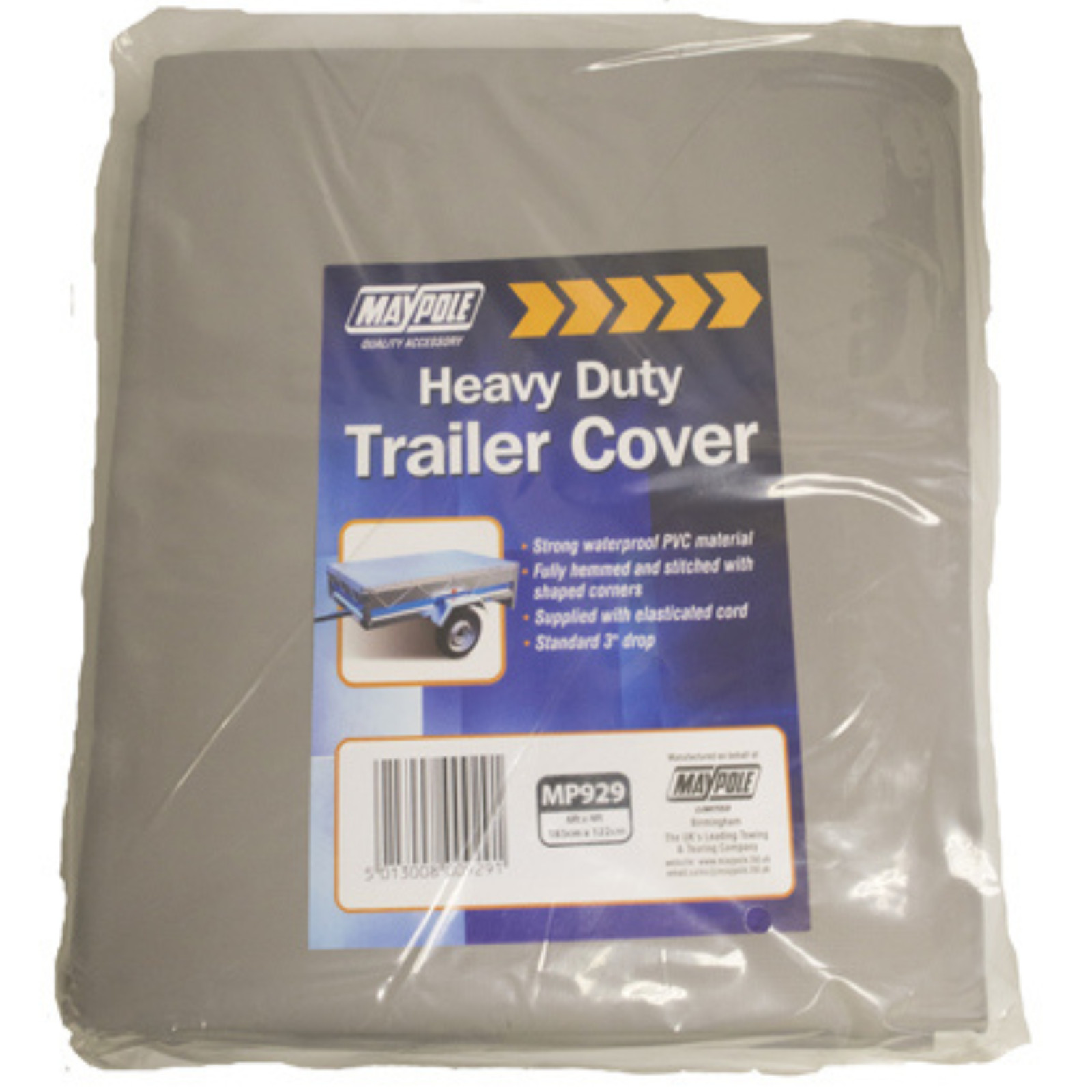 Maypole Waterproof Grey Trailer Cover Elastic Cord & Eyes 6ft X 4ft 183 X 122cm