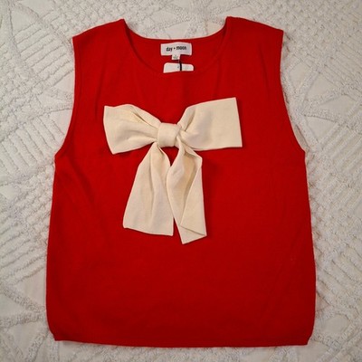 Day + Moon Womens Large Sleeveless Sweater Red Cream Oversized Bow NWT