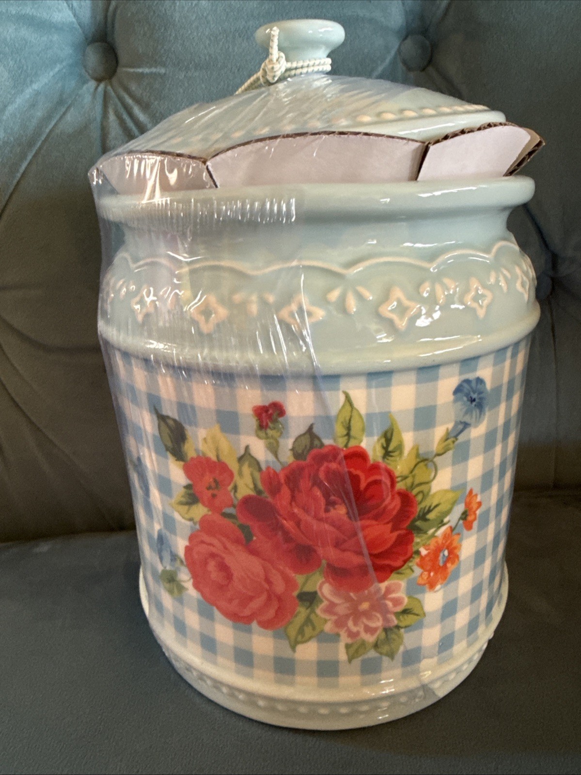 Pioneer Woman Cookie Jar Happiness is Homemade Blue Floral & Gingham Checked NIP