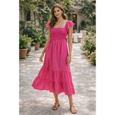 Jason Wu Boho Tiered Midi Dress Pink Cotton Size Medium Flowy Feminine Spring