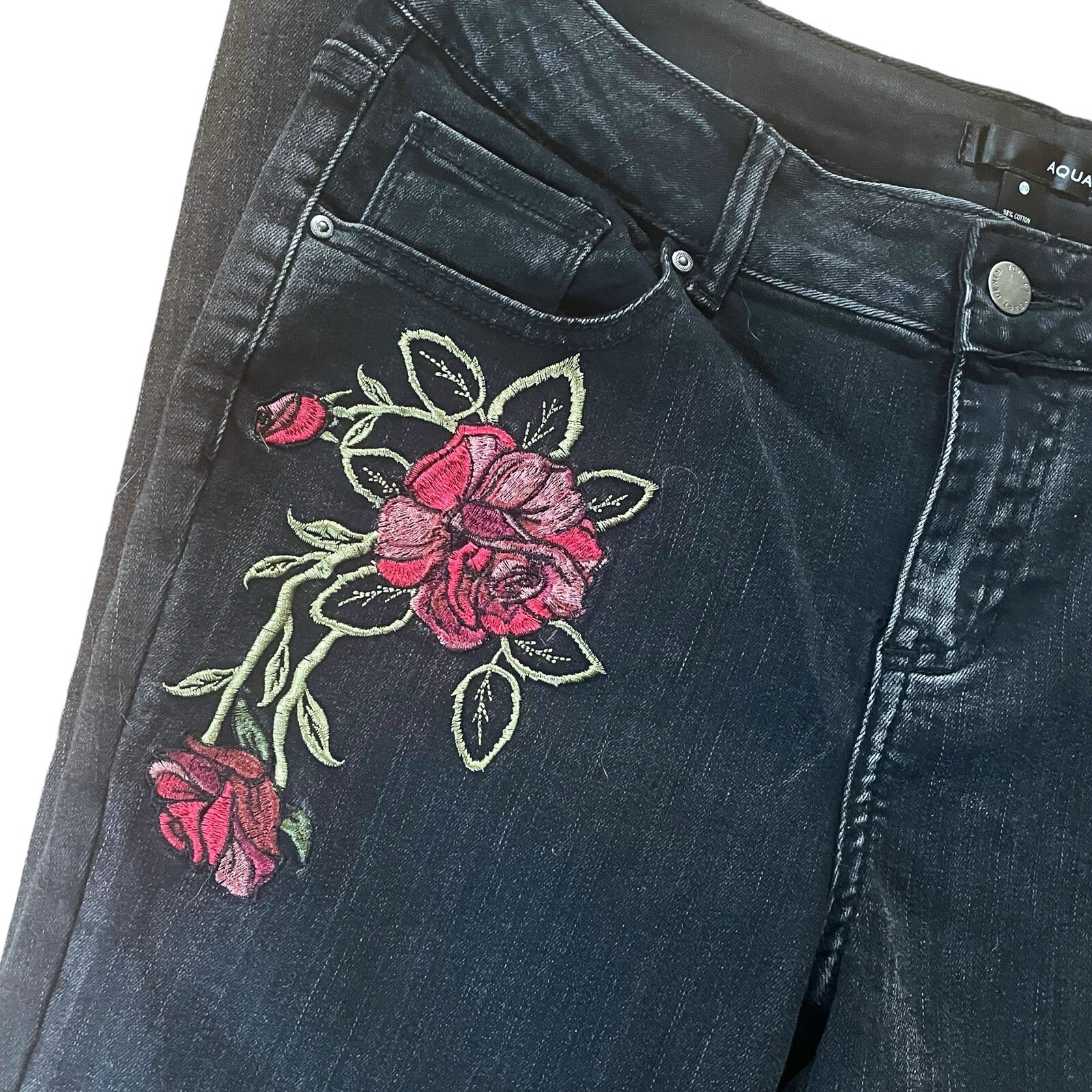 Aqua Brand Black Embroidered Boho Jeans Size 29 Distressed M Rise 28 inseam