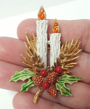 ART Christmas Candles Enamel Rhinestone Brooch Holly Pinecone Vtg Goldplated Pin