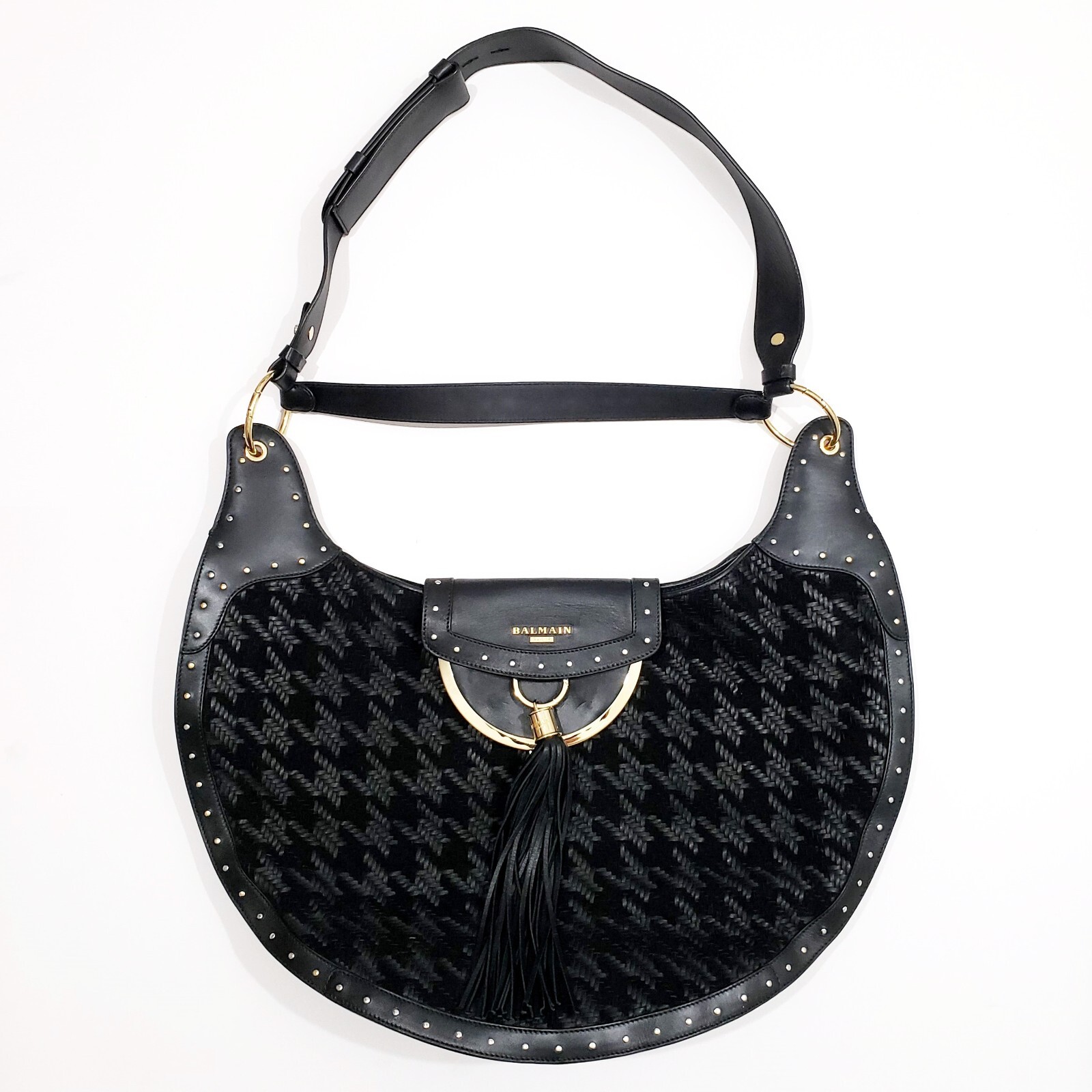 BALMAIN DOMAINE Suede Leather 20" Moon Saddle Bag Stud Tassle Houndstooth Weave