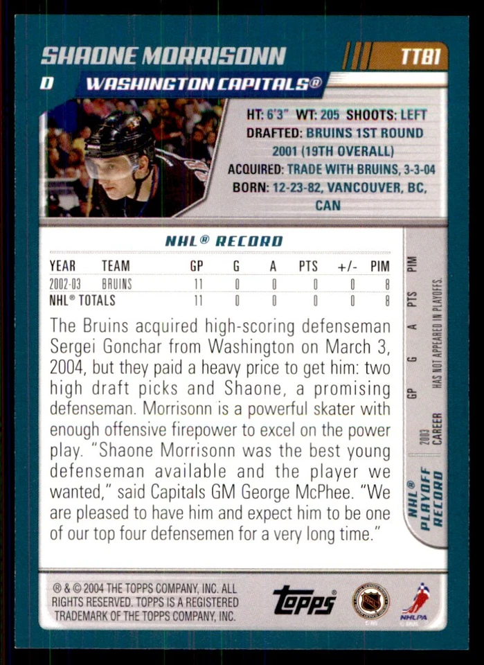 2003-04 Topps Traded & Rookies Shaone Morrisonn Washington Capitals #TT81 - Image 2 of 2