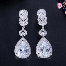 White Topaz CZ Stone Long Water Drop Dangle Earring for Fiancee Wedding Gift