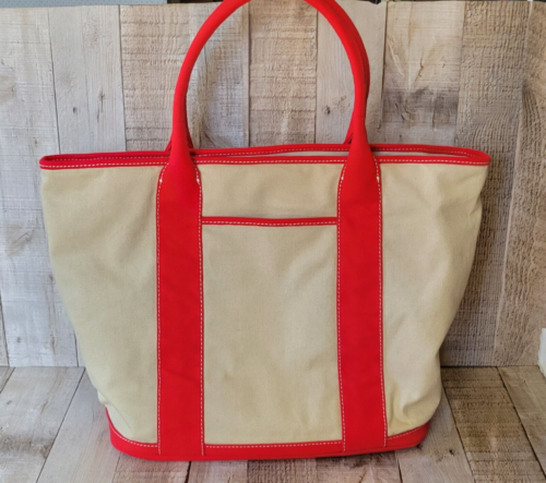 Barneys New York Womens Double Handle Red Leather Trim Canvas Tote Handbag Beige - Picture 1 of 16