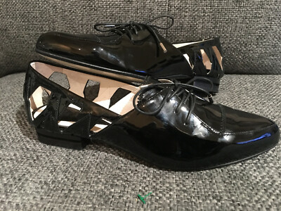 Fleur et Rosée Black Patent Leather Laser Cut Lace-up Flat Shoes - Size 37/6.5M