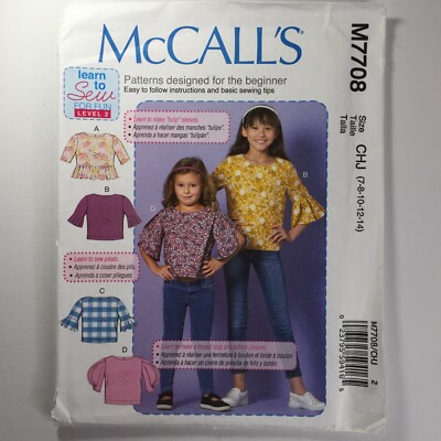 McCalls 7708 Mädchen Top Ärmel Shirt Bluse Nähen lernen neu ungeschnittenes Muster EINFACH