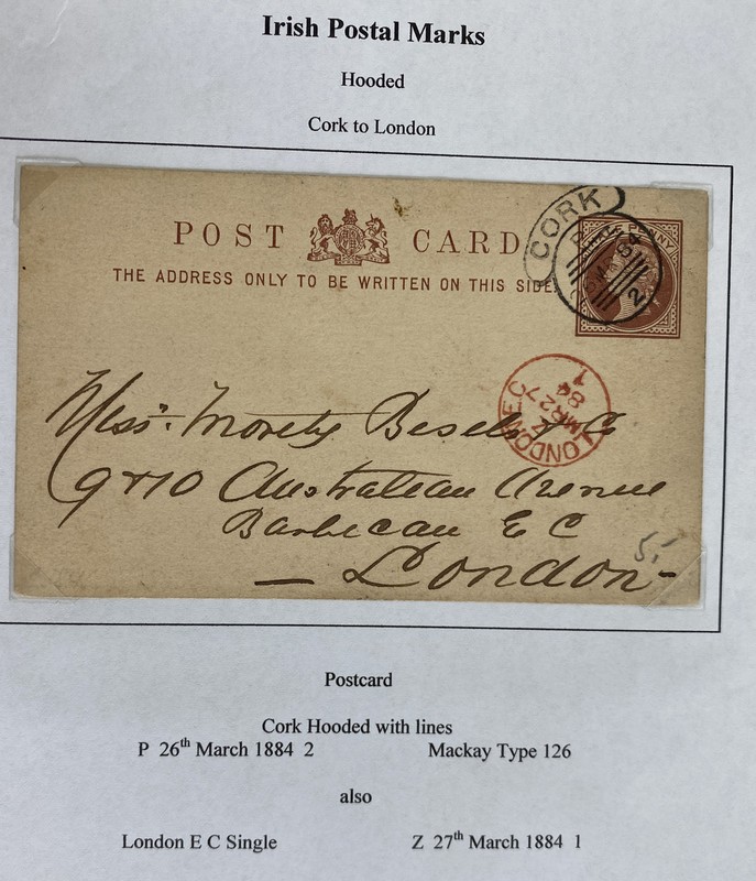 1884 Cork Ireland postal stationery postcard Cover To London England
