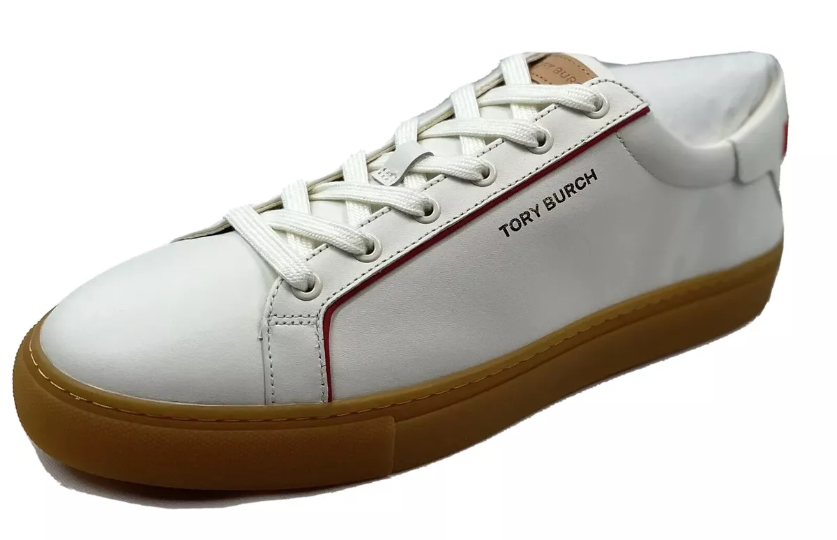 Tory Burch Olive Gum Sole Court Sneaker Size 10.5 in White Red Nappa Leather