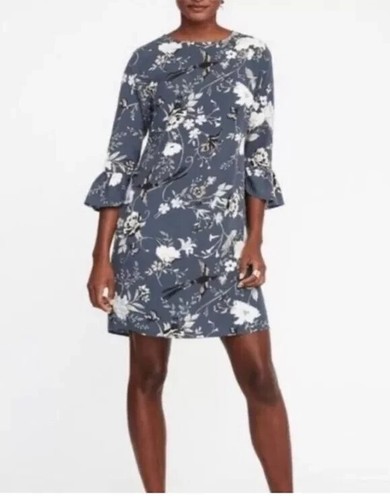 Old Navy Blumen Etuikleid XL grau weiß Blumen Rüschenärmel Viskose kurz - Bild 2 von 10