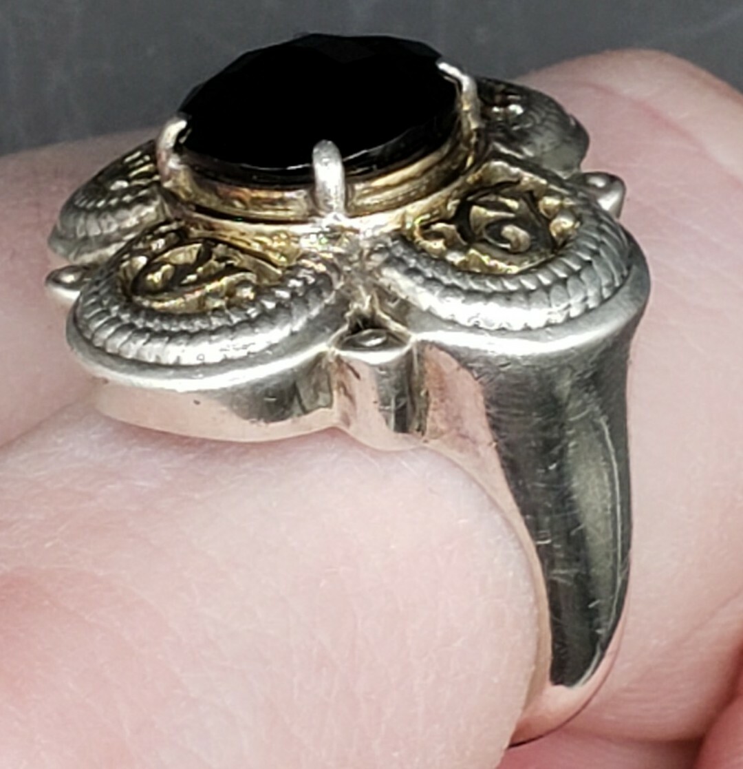 Sterling Silver Scroll Shamrock Shape Faceted Jet… - image 3