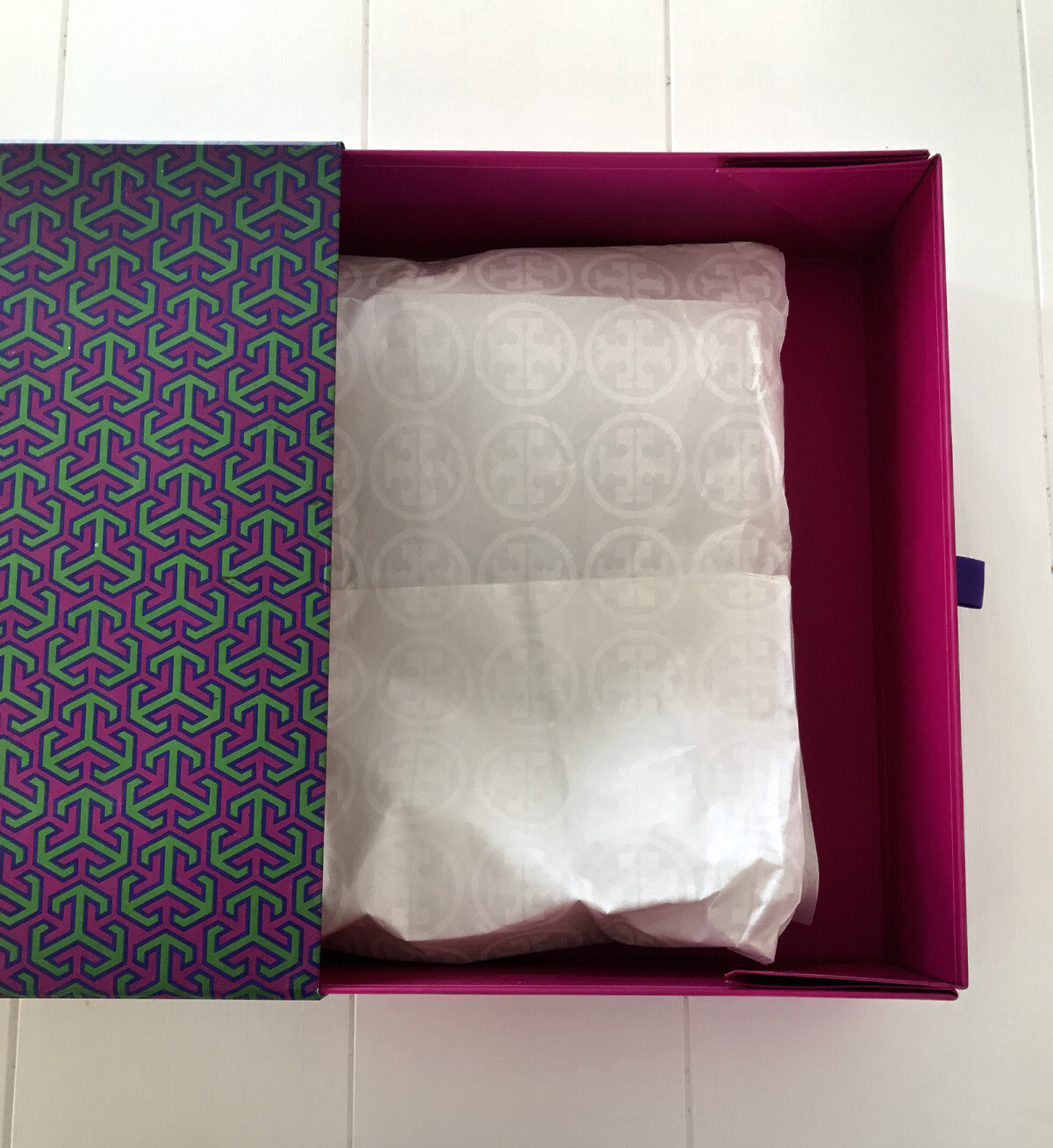TORY BURCH Purple Pink & Green Gift Box  14.5&rdquo; x 10.5&rdquo; x 3&rdquo;