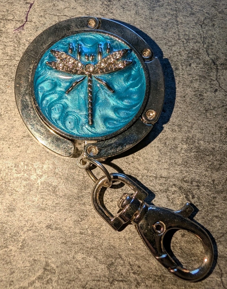 Table Purse Bag Hanger Dragonfly Round Hook Magnet Keychain Folding Blue Silver