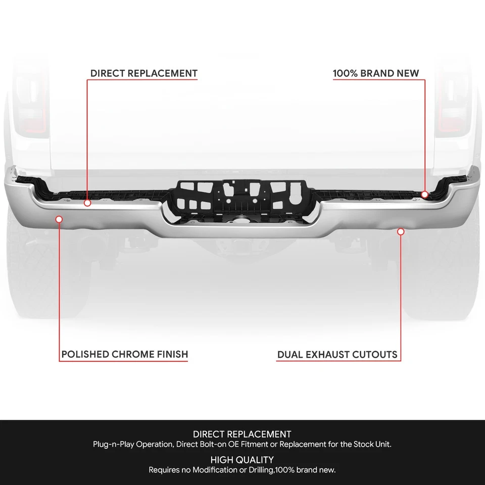 Chrome Rear Bumper Facebar w/o Sensor Hole w/ Dual Exhaust for Ram 1500 19-24 - Image 2 of 4
