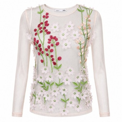 Zara Floral Applique Mesh Top S Sheer 3D Flowers Embroidered Boho Festival Fairy