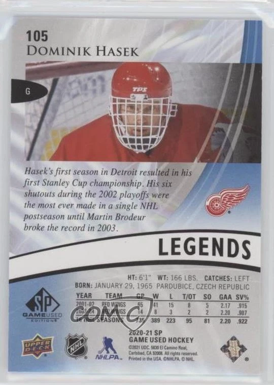2020-21 Upper Deck SP Game Used Legends Blue Burst /135 Dominik Hasek #105 HOF - Image 2 of 2