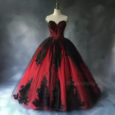 Red And Black Gothic Wedding Dress Sweetheart A-Line Long Tulle Retro Bridal