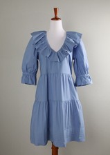 GRETCHEN SCOTT $159 Solid Blue Ruffle Collar A-Line Tiered Dress Size Small