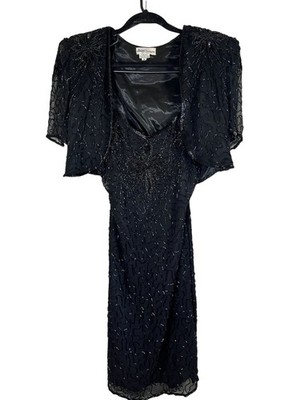 Vintage Jasdee Hand Beaded Silk Tank Dress Black M Crop Bolero Midi Classic 70s