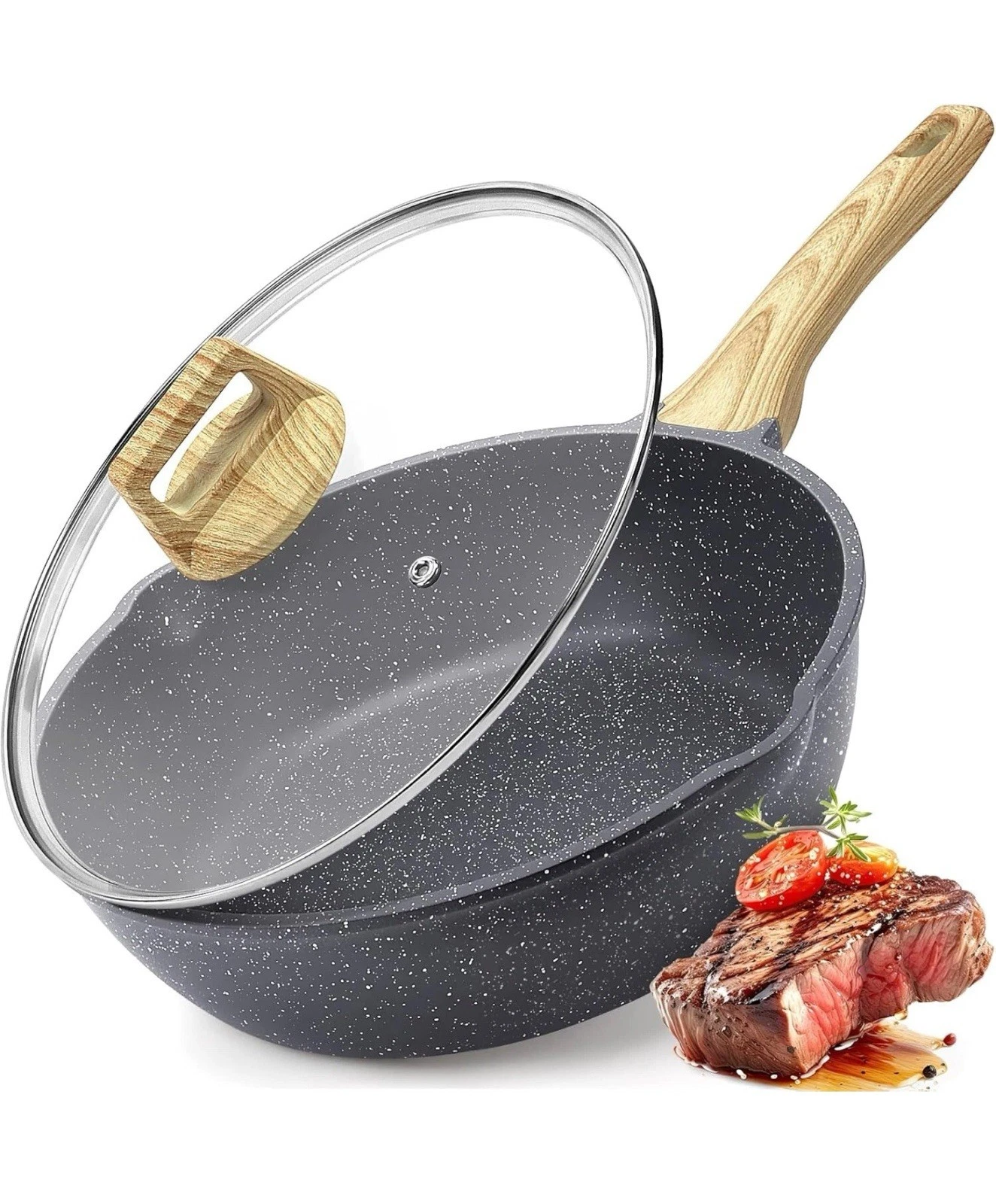 Nonstick Deep Frying Pan - 11 Inch Saute with Lid Granite Induction Cookware