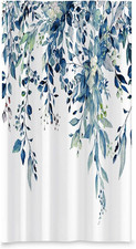 Blue Leaves Long Fabric Shower Curtain Watercolor Floral Leaf Wide Bath Curtain