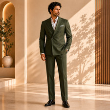 Men  s Olive Green Double Breasted Suit Slim Fit Formal Wedding Business 2 Piece