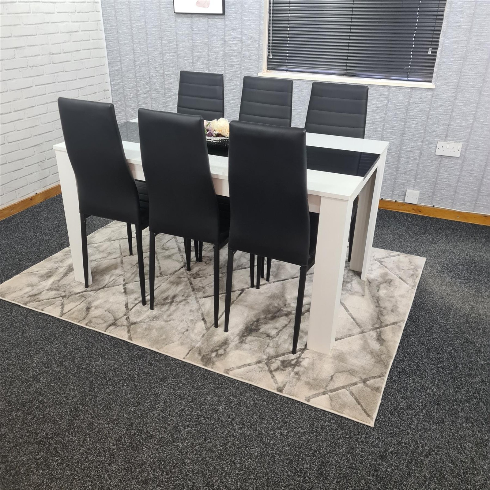 Dining Table and 6 Chairs White Black  Wood 6 Leather Black Chairs Dining Room