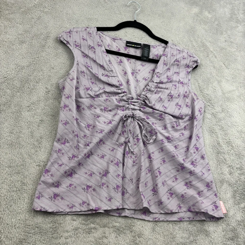 VTG DKNY Jeans Shirt Womens 12 Purple Floral Ruched Tie Front Cottagecore Fairy - Image 3 of 4